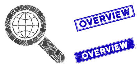 Mosaic global search pictogram and rectangle seal stamps. Flat vector global search mosaic pictogram of scattered rotated rectangle items. Blue caption stamps with grunge surface.のイラスト素材