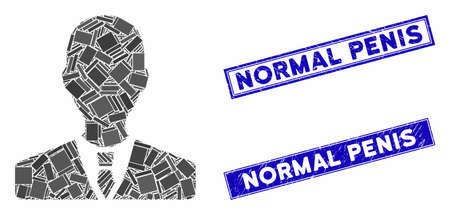 Mosaic manager icon and rectangle stamps. Flat vector manager mosaic icon of random rotated rectangle items. Blue caption stamps with grunged surface.のイラスト素材