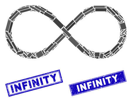 Mosaic infinity pictogram and rectangular stamps. Flat vector infinity mosaic pictogram of random rotated rectangular items. Blue caption rubber stamps with grunged texture.のイラスト素材