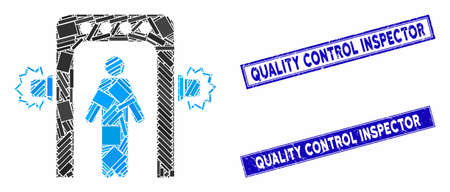 Mosaic passenger screening icon and rectangular seal stamps. Flat vector passenger screening mosaic icon of randomized rotated rectangular items. Blue caption stamps with scratched texture.のイラスト素材