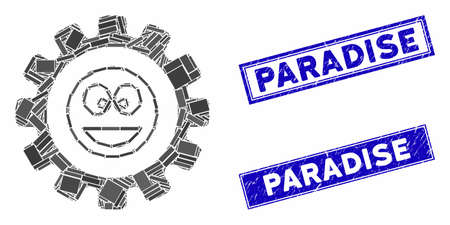 Mosaic settings gear smile icon and rectangle stamps. Flat vector settings gear smile mosaic icon of random rotated rectangle elements. Blue caption stamps with rubber texture.のイラスト素材