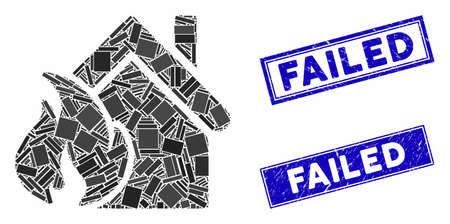 Mosaic realty fire disaster icon and rectangle seal stamps. Flat vector realty fire disaster mosaic icon of random rotated rectangle elements. Blue caption rubber stamps with distress surface.のイラスト素材
