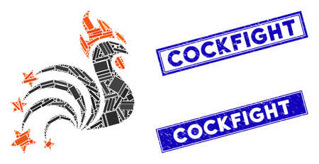 Mosaic rooster sparkles pictogram and rectangular seal stamps. Flat vector rooster sparkles mosaic pictogram of random rotated rectangle items. Blue caption rubber stamps with scratched texture.のイラスト素材