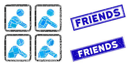 Mosaic workers pictogram and rectangular seal stamps. Flat vector workers mosaic pictogram of scattered rotated rectangular items. Blue caption seal stamps with distress surface.のイラスト素材