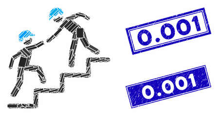 Mosaic workers help pictogram and rectangular seal stamps. Flat vector workers help mosaic pictogram of scattered rotated rectangle elements. Blue caption seal stamps with grunge texture.のイラスト素材