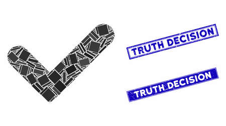 Mosaic yes icon and rectangular watermarks. Flat vector yes mosaic icon of random rotated rectangle elements. Blue caption watermarks with grunged textures.のイラスト素材