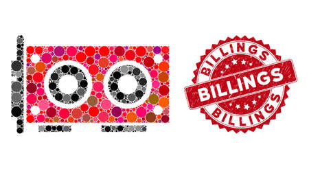 Mosaic video graphics card and rubber stamp seal with Billings caption. Mosaic vector is composed with video graphics card icon and with randomized circle elements. Billings stamp seal uses red color,のイラスト素材