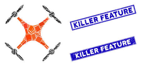 Mosaic airdrone pictogram and rectangular Killer Feature seal stamps. Flat vector airdrone mosaic pictogram of randomized rotated rectangular elements.のイラスト素材
