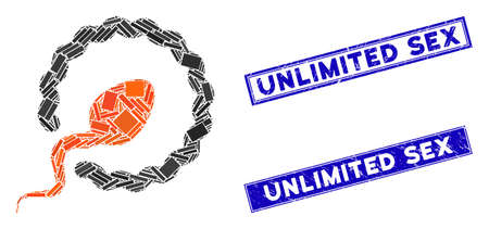 Mosaic sperm penetration icon and rectangle Unlimited Sex rubber prints. Flat vector sperm penetration mosaic icon of random rotated rectangle items. Blue Unlimited Sex watermarks with dirty texture.のイラスト素材