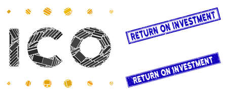 Mosaic ICO caption pictogram and rectangle Return on Investment seal stamps. Flat vector ICO caption mosaic pictogram of random rotated rectangle items.のイラスト素材