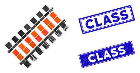 Mosaic railroad segment icon and rectangular Class seal stamps. Flat vector railroad segment mosaic icon of scattered rotated rectangular elements. Blue Class seal stamps with scratched textures.のイラスト素材