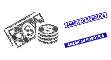 Mosaic dollar cash icon and rectangular American Robotics seal stamps. Flat vector dollar cash mosaic icon of random rotated rectangular elements.のイラスト素材