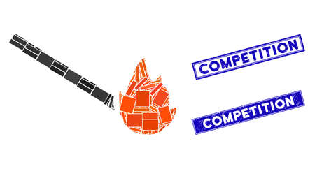 Mosaic match flame icon and rectangular Competition stamps. Flat vector match flame mosaic icon of randomized rotated rectangular items. Blue Competition seal stamps with distress surface.のイラスト素材