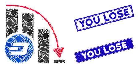 Mosaic Dashcoin falling acceleration chart pictogram and rectangle You Lose stamps. Flat vector Dashcoin falling acceleration chart mosaic pictogram of random rotated rectangle items.のイラスト素材