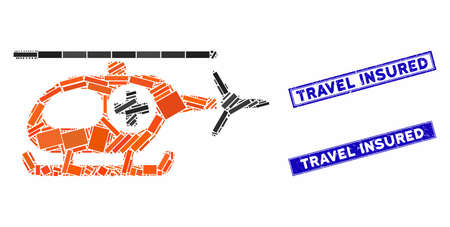 Mosaic medical helicopter icon and rectangular Travel Insured seal stamps. Flat vector medical helicopter mosaic icon of random rotated rectangular elements.のイラスト素材