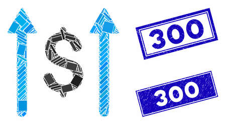 Mosaic send money icon and rectangle 300 rubber prints. Flat vector send money mosaic icon of scattered rotated rectangle elements. Blue 300 rubber stamps with grunge texture.のイラスト素材