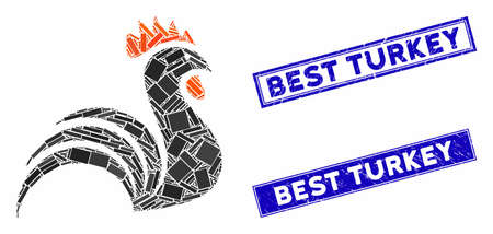 Mosaic rooster pictogram and rectangle Best Turkey seals. Flat vector rooster mosaic pictogram of...