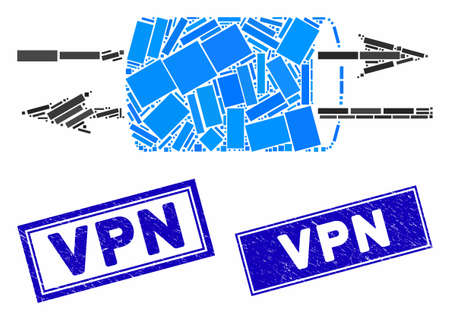 Mosaic VPN pipe icon and rectangular Vpn seal stamps. Flat vector VPN pipe mosaic icon of randomized rotated rectangle items. Blue Vpn stamps with grunged texture.のイラスト素材