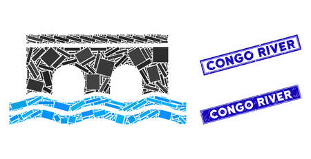 Mosaic bridge pictogram and rectangular Congo River stamps. Flat vector bridge mosaic pictogram of random rotated rectangular elements. Blue Congo River rubber stamps with distress surface.のイラスト素材