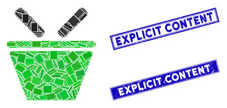 Mosaic shopping basket pictogram and rectangle Explicit Content stamps. Flat vector shopping basket mosaic pictogram of random rotated rectangle elements.のイラスト素材