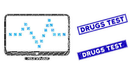 Mosaic pulse monitoring icon and rectangular Drugs Test watermarks. Flat vector pulse monitoring mosaic icon of randomized rotated rectangular items. Blue Drugs Test watermarks with scratched surface.のイラスト素材