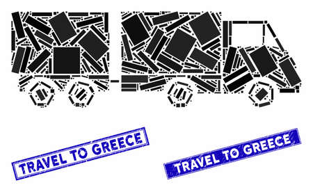 Mosaic trailer icon and rectangular Travel to Greece rubber prints. Flat vector trailer mosaic icon of random rotated rectangular elements. Blue Travel to Greece rubber stamps with grunge surface.のイラスト素材