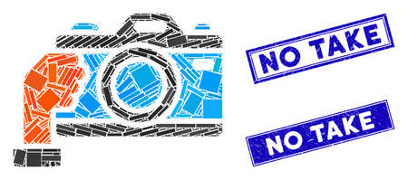 Mosaic hold camera pictogram and rectangular No Take watermarks. Flat vector hold camera mosaic pictogram of scattered rotated rectangular items. Blue No Take rubber seals with rubber textures.のイラスト素材