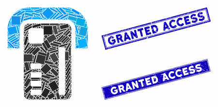 Mosaic ATM machine icon and rectangular Granted Access stamps. Flat vector ATM machine mosaic icon of random rotated rectangular elements. Blue Granted Access stamps with distress textures.のイラスト素材