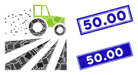 Mosaic tractor dust field icon and rectangular 50.00 seals. Flat vector tractor dust field mosaic icon of random rotated rectangle elements. Blue 50.00 rubber seals with corroded texture.のイラスト素材