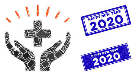 Mosaic medical prosperity icon and rectangle Happy New Year 2020 seal stamps. Flat vector medical...