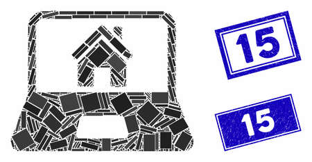 Mosaic home on laptop screen icon and rectangular 15 stamps. Flat vector home on laptop screen mosaic icon of random rotated rectangular items. Blue 15 seal stamps with rubber textures.のイラスト素材