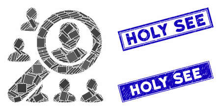 Mosaic find user pictogram and rectangle Holy See seal stamps. Flat vector find user mosaic pictogram of random rotated rectangle elements. Blue Holy See seal stamps with distress surface.のイラスト素材
