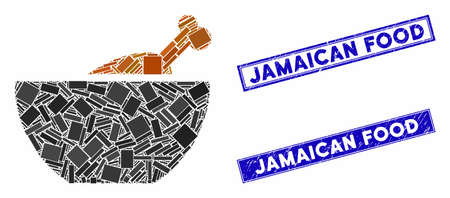 Mosaic chicken soup icon and rectangle Jamaican Food seal stamps. Flat vector chicken soup mosaic icon of randomized rotated rectangular items. Blue Jamaican Food seal stamps with dirty textures.のイラスト素材