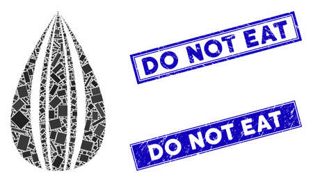 Mosaic sunflower seed icon and rectangular Do Not Eat seals. Flat vector sunflower seed mosaic icon of randomized rotated rectangular elements. Blue Do Not Eat rubber stamps with rubber textures.のイラスト素材