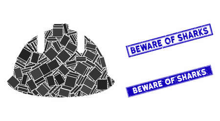 Mosaic builder helmet pictogram and rectangular Beware of Sharks rubber prints. Flat vector builder helmet mosaic pictogram of random rotated rectangular items.のイラスト素材