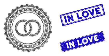 Mosaic wedding rings stamp pictogram and rectangular In Love stamps. Flat vector wedding rings stamp mosaic pictogram of randomized rotated rectangle items.のイラスト素材