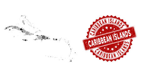Mosaic Caribbean Islands map and round stamp. Flat vector Caribbean Islands map mosaic of scattered round elements. Red seal stamp with corroded texture. Designed for political and patriotic purposes.のイラスト素材