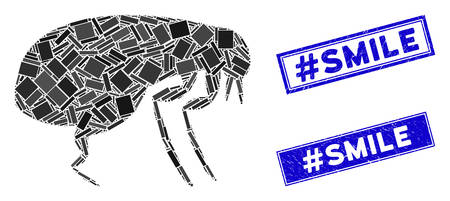 Mosaic flea icon and rectangular #Smile seal stamps. Flat vector flea mosaic icon of randomized rotated rectangular items. Blue #Smile stamps with grunge textures.のイラスト素材