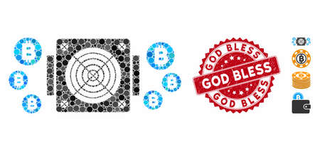 Mosaic Bitcoin mining ASIC device icon and grunge stamp seal with God Bless phrase. Mosaic vector is designed from Bitcoin mining ASIC device icon and with scattered spheric items.のイラスト素材