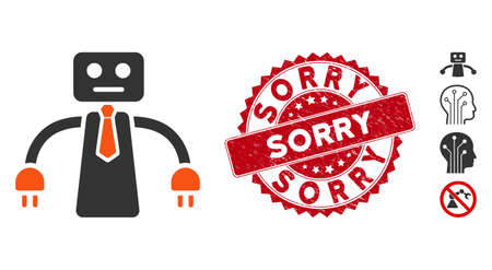 Vector boss robot icon and corroded round stamp seal with Sorry phrase. Flat boss robot icon is isolated on a white background. Sorry stamp seal uses red color and grunged surface.のイラスト素材