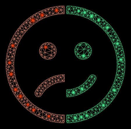 Glossy mesh bipolar emotion with glare effect. Abstract illuminated model of bipolar emotion icon. Shiny wire carcass triangular mesh bipolar emotion. Vector abstraction on a black background.のイラスト素材