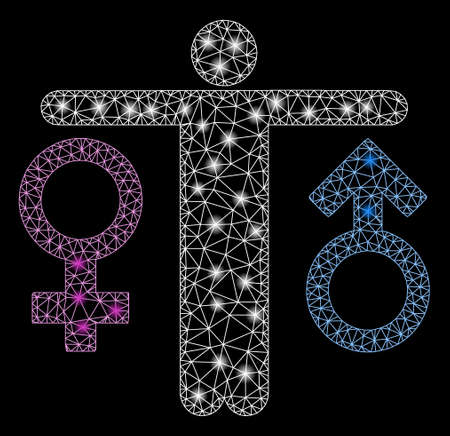 Glowing mesh bisexual man with sparkle effect. Abstract illuminated model of bisexual man icon. Shiny wire carcass triangular mesh bisexual man. Vector abstraction on a black background.のイラスト素材