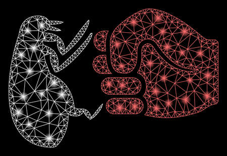 Glossy mesh flea fist strike with glare effect. Abstract illuminated model of flea fist strike icon. Shiny wire carcass polygonal mesh flea fist strike. Vector abstraction on a black background.のイラスト素材