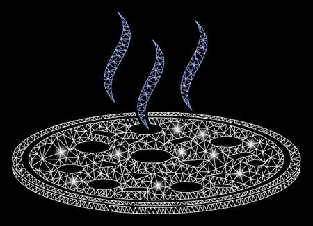 Glowing mesh fresh pizza with glare effect. Abstract illuminated model of fresh pizza icon. Shiny wire frame polygonal network fresh pizza. Vector abstraction on a black background.のイラスト素材