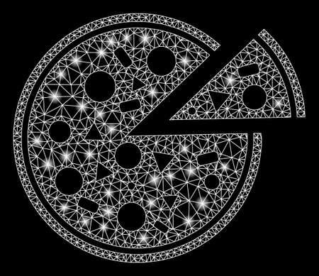 Glowing mesh pizza with sparkle effect. Abstract illuminated model of pizza icon. Shiny wire carcass triangular mesh pizza. Vector abstraction on a black background.のイラスト素材