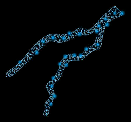 Glossy mesh river with sparkle effect. Abstract illuminated model of river icon. Shiny wire frame triangular mesh river. Vector abstraction on a black background.のイラスト素材