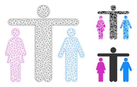 Mesh bisexual person model with triangle mosaic icon. Wire carcass polygonal mesh of bisexual person. Vector collage of triangle parts in variable sizes, and color shades.のイラスト素材