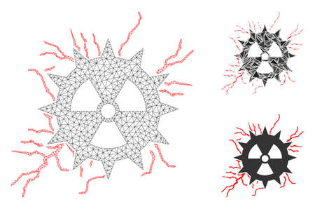 Mesh atomic power sparks model with triangle mosaic icon. Wire frame triangular mesh of atomic power sparks. Vector mosaic of triangle parts in various sizes, and color hues.のイラスト素材