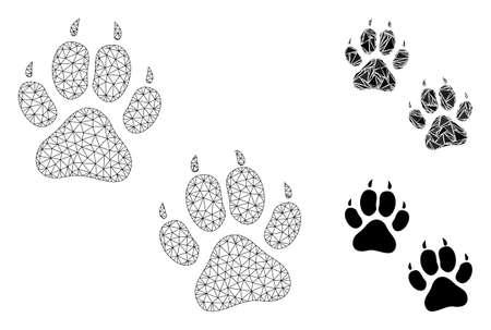 Mesh tiger footprints model with triangle mosaic icon. Wire carcass triangular network of tiger footprints. Vector mosaic of triangle elements in various sizes, and color tints.のイラスト素材