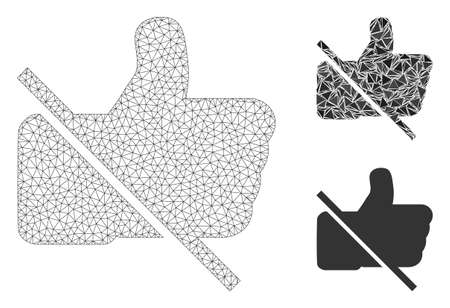 Mesh no likes model with triangle mosaic icon. Wire frame triangular network of no likes. Vector mosaic of triangle parts in different sizes, and color shades. Abstract flat mesh no likes,のイラスト素材